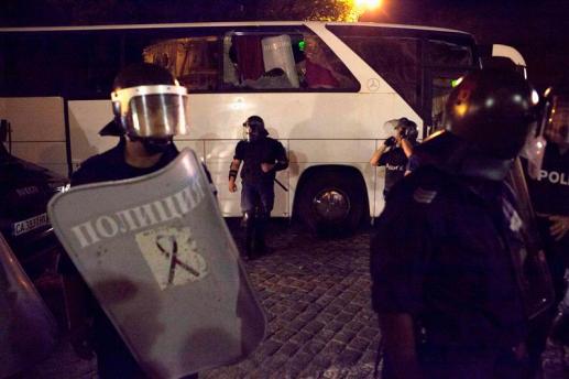 Police guard a bus trying to get deputies out of the parliament in&nbsp;Sofia