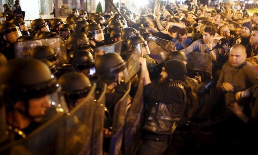 Protesters against a decision by Macedonia&rsquo;s President to pardon 56 government and opposition figures clash with police in&nbsp;Skopje